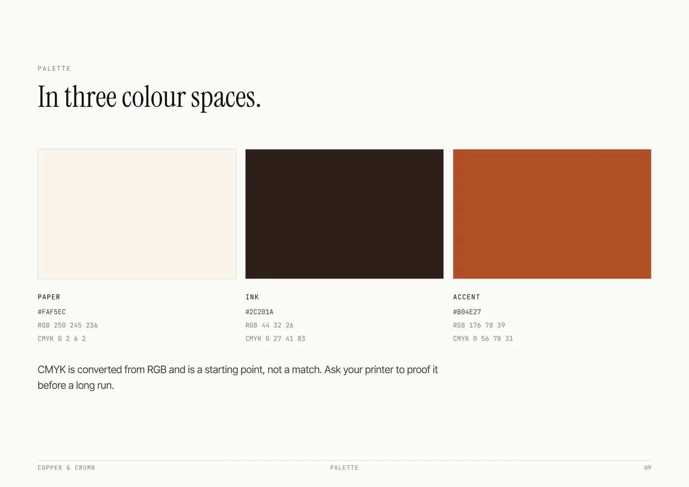The Copper and Crumb palette page: three colour swatches, each with its HEX, RGB and CMYK values.